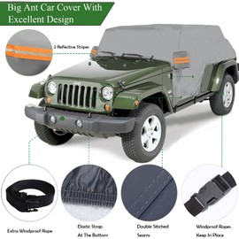 Big Ant Cab Cover for 2007-2025 Je-ep Wrangler JKU JLU 4 Door, Waterproof Half Car Cover Oxford with Reflective Strip, Sun Snowproof Cab Car Cover for Convenient Zipper for Trunk Gray