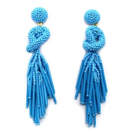 Handmade Beaded Solid Color Post Statement Earrings for Women All Season 4 inch Long (Light Blue)