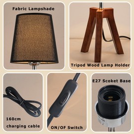 Dreamholder Wood Bedside Table Lamp, Tripod Desk Lamp with On-Off Switch, Nightstand Lamp with Fabric Shade for Reading, Bedroom, Living Room, Office, Walnut Base with Black Shade