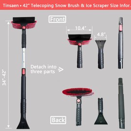 Tinsaen 42" Extendable Snow Brush & Ice Scraper for Car Windshield, Heavy Duty 180° Pivoting Black Cleaning Broom for Auto SUV Truck, Detachable Snow Removal Tool with Telescoping Aluminum Rod