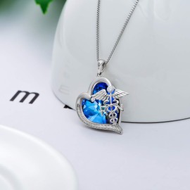 TOUPOP Christmas Gifts for Nurse Nurse Gifts 925 Sterling Silver RN Caduceus Necklace with Blue Crystal Medical Jewelry Gift for Women