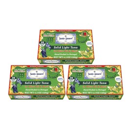 SANTO AMARO Artisanal Wild Tuna in Olive Oil & Basil (3 Pack, 120g Each) Venice Style! Natural - GMO FREE - Low Mercury - Pole & Line Caught Skipjack Light Tuna - Solid Pack â Hand Packed in PORTUGAL
