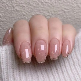 Press on Nails Short Coffin Fake Nails with Glitter French Tip Designs Pink Glue on Nails Glossy Nails Press ons Spring Acrylic Nails Daily Wear Natural Stick on Nails for Women 24Pcs
