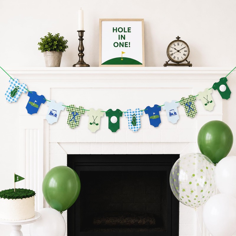 Golf Baby Bodysuit Banner, Green Gingham Baby Shower & 1st
