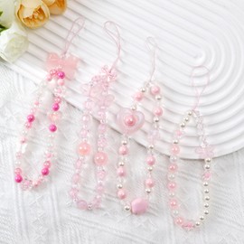 ZAGQIG 4 Pcs Butterfly Bow Cute Knot Beaded Phone Charm Cute Phone Lanyard Wrist Strap Keychain Flower Lanyard Pearl Wrist Strap