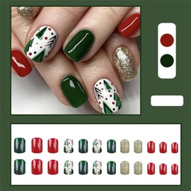 24 PCS Christmas Press on Nails - Christmas Forest Gold Glitter Full Cover False Nails - Short Square False Nails - Acrylic French Stick on Nails with Glue - Suitable for Christmas Party