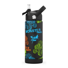 Ntswasd Trinkflasche Edelstahl Strohhalm-Thermosflasche 550ml-BPA Frei-Auslaufsicher-Thermo Wasserflasche für Schule,Sport,Kinder,Fitness(Monster Trucks)
