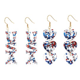 2 Pairs 4th of July Earrings for Women Red White Blue Heart USA Patriotic Dangle Earrings Set Independence Day Party Favor Gifts (A)