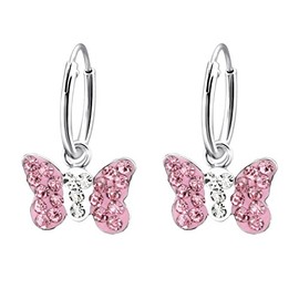 Butterfly Hoop Dangling Earrings - with Pink Crystal Stones - 925 Sterling Silver