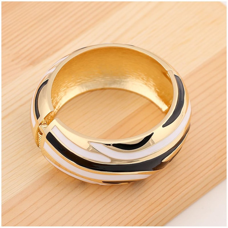 Wotfim Chunky Gold Bangle Bracelets for Women Enamel Zebra-Print Cuff