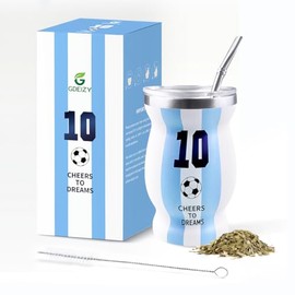 Argentina Captain No.10 Mate Cup Set, 2026 International Soccer Gifts, Double-Wall Stainless Steel Traditional Yerba Mate Cup Set, Spoon Straw & Cleaning Brush