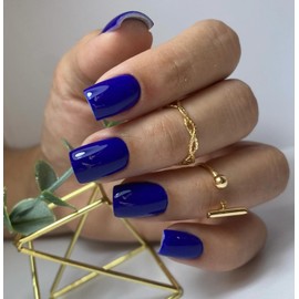 Bellelfin 240pcs Short Press on Nails Dark Blue Full Cover Short Square Fake Nails Glossy Acrylic Artificial False Nail Tips with 5 Sheets Adhesive Glue Tabs for Women and Girls Fingernails Design