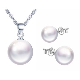 Yumilok 925 Sterling Silver Women's Necklace Chain with Pearl Pendant Stud Earrings Piercing Earrings Jewellery Set for Women Girls, Sterling Silver, Pearl