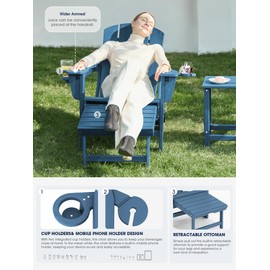 KINGYES Folding Adjustable Adirondack Chair with Retractable Ottoman, HDPE Reclining Adirondack Chair with Cup Holder, Blue