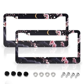 Flowers Plum Blossom Moon License Plate Frames - 2 Pcs Set 2 Holes Metal Aluminum Auto Car Accessories Decoration License Plate Frame 12.2 x 6.3 inch for Women Men Gift
