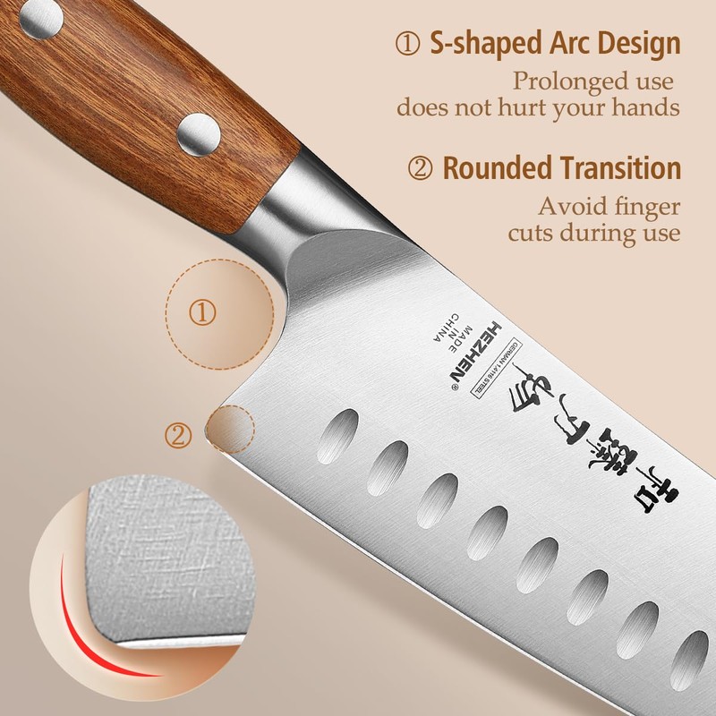 HEZHEN Santoku Chef Knife-7.3 inch Blade German DIN 1.4116 Stainless