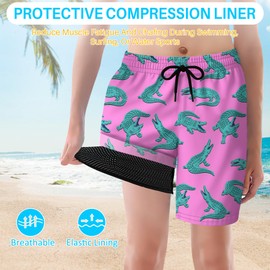 Boys Swim Trunks with Compression Liner for 7-16 Years,Quick-Dry Swim Shorts for Kids Teen,Sun Protection Swimming Trunks, Crocodile, 14-16 Years