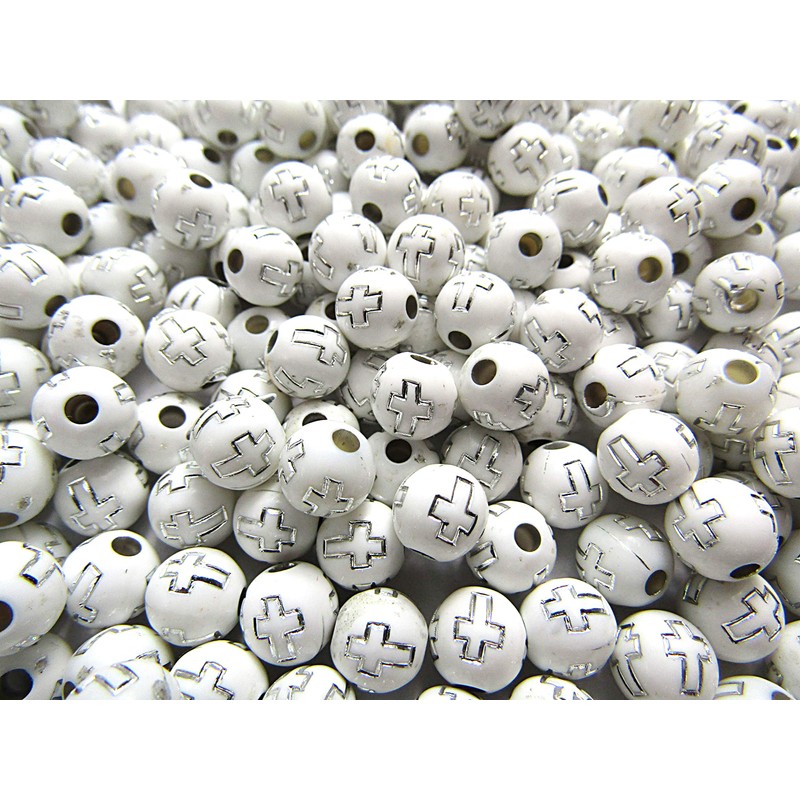 500pcs Silver Cross Acrylic Beads Round Beads 8mm White Craft
