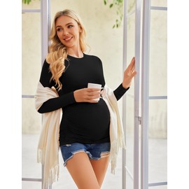 Ekouaer Maternity Shirts Long Sleeve 3 Packs Crew Neck Pregnancy Workout Tops New Mom Clothes Black/Brown/White M