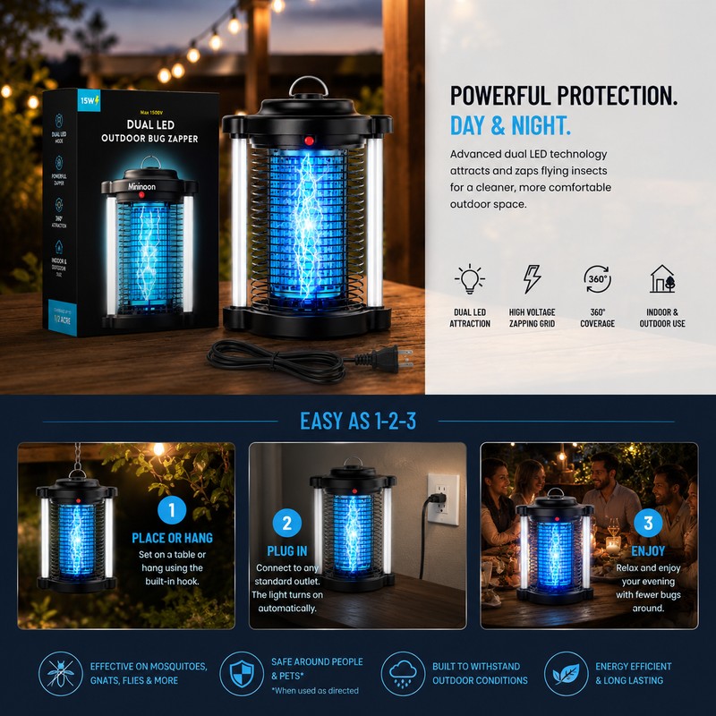 Outdoor Bug Zapper for Yard & Patio Use – 15W