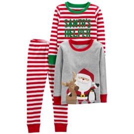 Simple Joys by Carter's Baby 3-Piece Snug-fit Cotton Holiday Pajama Set, Grey Santa/Red Stripe, 4