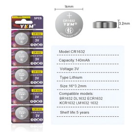 YKM 5 Pack CR1632 Lithium Battery 3V for Car Key Fob Keyless Remote Ring Sensor Battery CR 1632