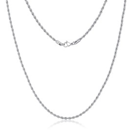 FOSIR Silver Tone Chain Necklace for Men, 3mm Stainless Steel Rope Chain for Men and Women, Silver Twist Mens Necklace 30 Inch