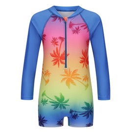 Big Girls One Piece Rash Guard Swimsuits for Girl Long Sleeve Bathing Suits with UPF 50+ Sun Proctection Sunsuits Swimwear Blue Neon Palms Size 14/12-14 Years