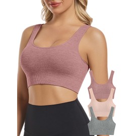 Chilylori Seamless Sports Bras for Women Pack of 3 Ribbed Sports Bra Workout Tops Cropped Tank Top Yoga Bra Tops Padded Crop Top Workout Bra Longline Sports Bra Fitness Grey Pink Heather L