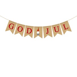 Burlap God Jul Banner Tomte Christmas Gnome Swedish Nordic Scandinavian Rustic Winter Farmhouse Fireplace Mantle Decoration