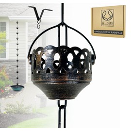U-nitt Rain Chain Water Collection for Gutters Rainwater Catcher & Diverter, 8.5 FT Chains for Outside Garden, Antique Copper Cups, Roof Downspout, Works with Heavy Rain, w/Gutter Clip for Rainchains
