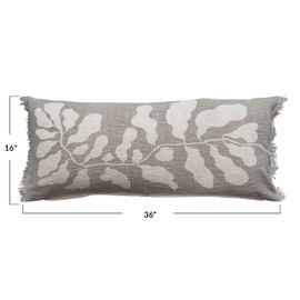 Bloomingville Cotton Botanical Print and Fringe, Grey Lumbar Pillow, Tan