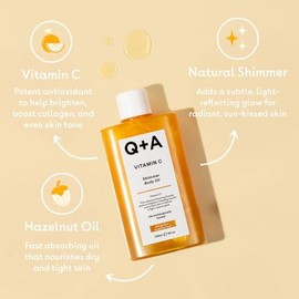 Q+A Vitamin C Shimmer Body Oil (150ml), Radiance Boosting Body Moisturiser with Hazelnut Oil & Light Reflecting Shimmer, Hydrating Glow Oil for Sun Kissed Skin, Orange Zest & Grapefruit, Vegan