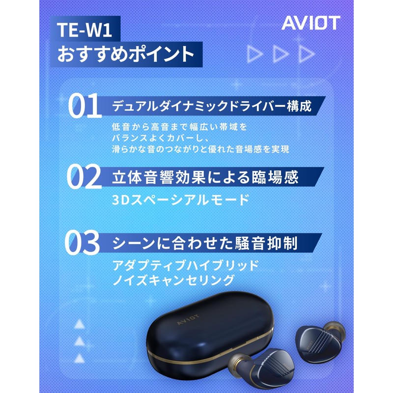 AVIOT TE-W1 Adaptive Hybrid Noise Cancelling Wireless Earphones with 3D