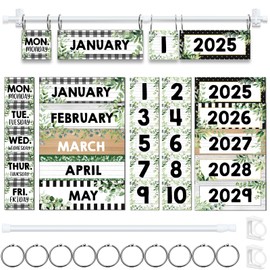 Updated Eucalyptus Flip Calendar for Classroom, Greenery Flip Calendar with Adjustable Holder, Farmhouse Classroom Calendars Set with 60 Cards for Preschool Elementary Classroom Must Haves Supplies
