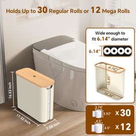 Toilet Paper Storage with Bamboo Lid, 33.8L Foldable Toilet Paper Basket Organizer Holder for up to Regular 30 Rolls Or 12 Mega Rolls, Waterproof Free Standing Toilet Paper Holder for Bathroom, Beige