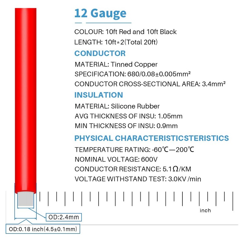 BNTECHGO 12 Gauge Silicone Wire 10 ft red and 10