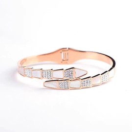 ZincSun Snake Design Cuff Bracelet Mother of Pearl Gemstone CZ Inlay Bangle Bracelet for Women(Rose gold)