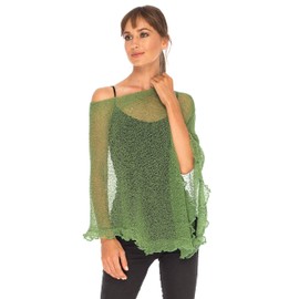 SHU-SHI Womens Sheer Poncho Shrug Lightweight Knit Ruffle Sweater Top Green