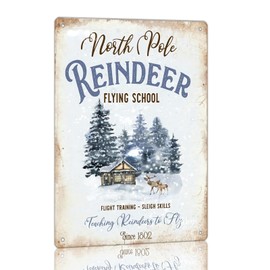 Reindeer Flying School Sign, Santa Sleigh Decoration Christmas Poster, Vintage Metal Signs Wall Decor Tin Sign Funny Decorations for Home Cafes Office Store Pubs Club Plaque Tin Sign 8x12 Inch