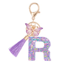 Suweibuke Cute Pink Key Chains for Women Girls, Initial Letter Keychains with Tassel, Charms for Key Purse Handbags Backpacks (Purple Butterfly Letter-R)