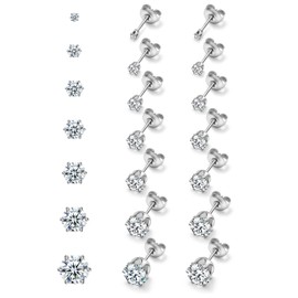 10 Pairs 18K White Gold Plated Stud Earrings for Women – CZ Cubic Zirconia Earrings Set, 2mm Small Hypoallergenic Studs for Multiple Piercings (2-8mmCZ - 7 Pairs Set)