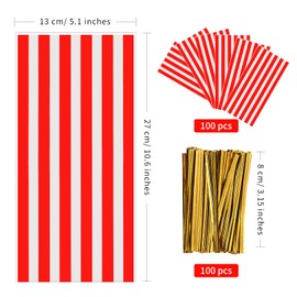 Lecferrarc 100 Pcs Carnival Treat Bags Circus Carnival Cellophane Candy Bags Red and White Stripe Circus Party Favors with Twist Ties for Birthday Party Supplies