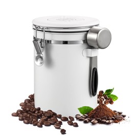 LAMLENT Airtight Coffee Container with Date Tracker & Spoon - Kitchen Storage Jar for Coffee Grounds, Cereal, Beans, Sugar (White, 14OZ)