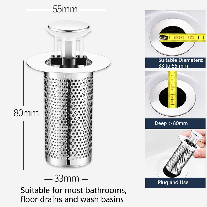 Waabose 2 Pieces Sink Plug with Hair Strainer, 2024 Drain