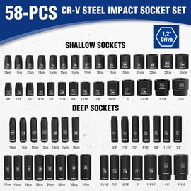 WORKPRO 1/2” Drive Impact Socket Set, 65PCS SAE(3/8”-1-1/4”) and Metric(10-24mm) Deep & Shallow Kit, Ratchet Handle, Extension Bar, Impact Universal Joint and Adapters for Automotive Repair