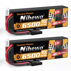 Nihewo 2S Lipo Battery 6500mAh 7.4V RC Battery 90C Hard Case with Tr + EC5 Plug Compatible with RC Car Truck Vehicles Truggy Buggy Boat Airplane Models