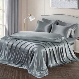 Ersmak 4 Pieces Satin Sheets Set Twin Size, Luxury Silky Grey Satin Bed Sheets Set with 1 Deep Pocket Fitted Sheet, 1 Soft Flat Sheet, 1 Queen Pillowcases and 1 Body Pillowcase