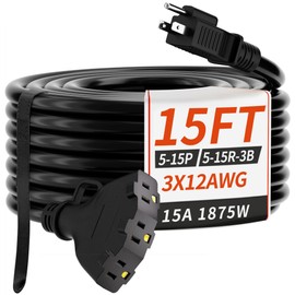PlugSaf 15 FT 12/3 Gauge Outdoor Extension Cord with Multiple Outlets, Flexible 3 Outlet Weatherproof Heavy Duty Extension Cord Waterproof Black, 15A 1875W 12AWG SJTW, ETL Listed