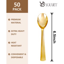 YOUBET 50Pcs Gold Plastic Spoons - Heavy Duty Plastic Spoons - Heavyweight Gold Disposable Silverware for Party & Dinners & Wedding